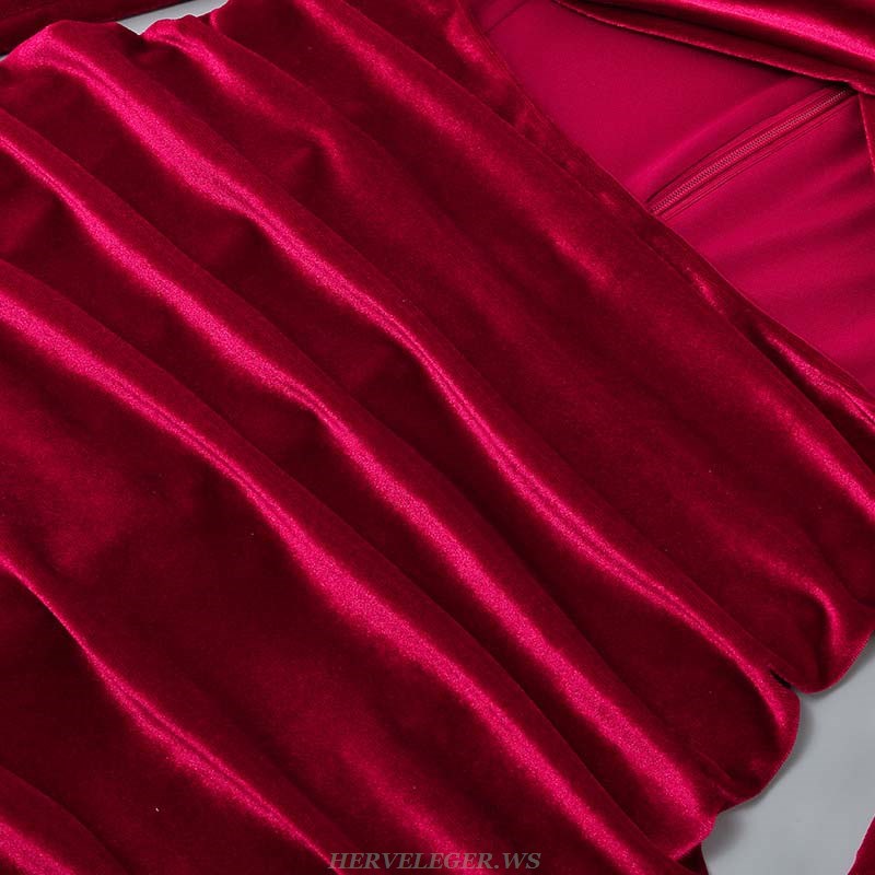 Herve Leger Red Long Sleeve Draped Midi Velvet Dress