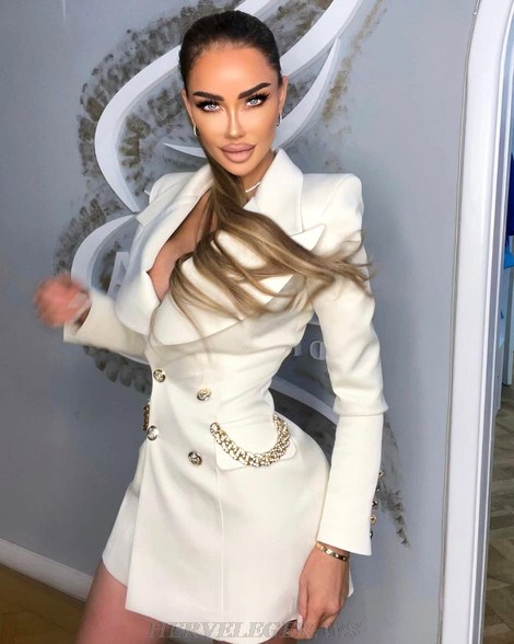 Herve Leger White Long Sleeve Embellished Blazer Dress