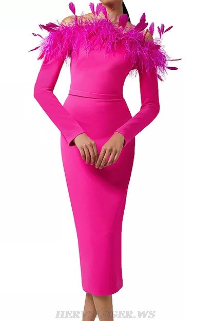 Herve Leger Hot Pink Long Sleeve Feather Midi Dress