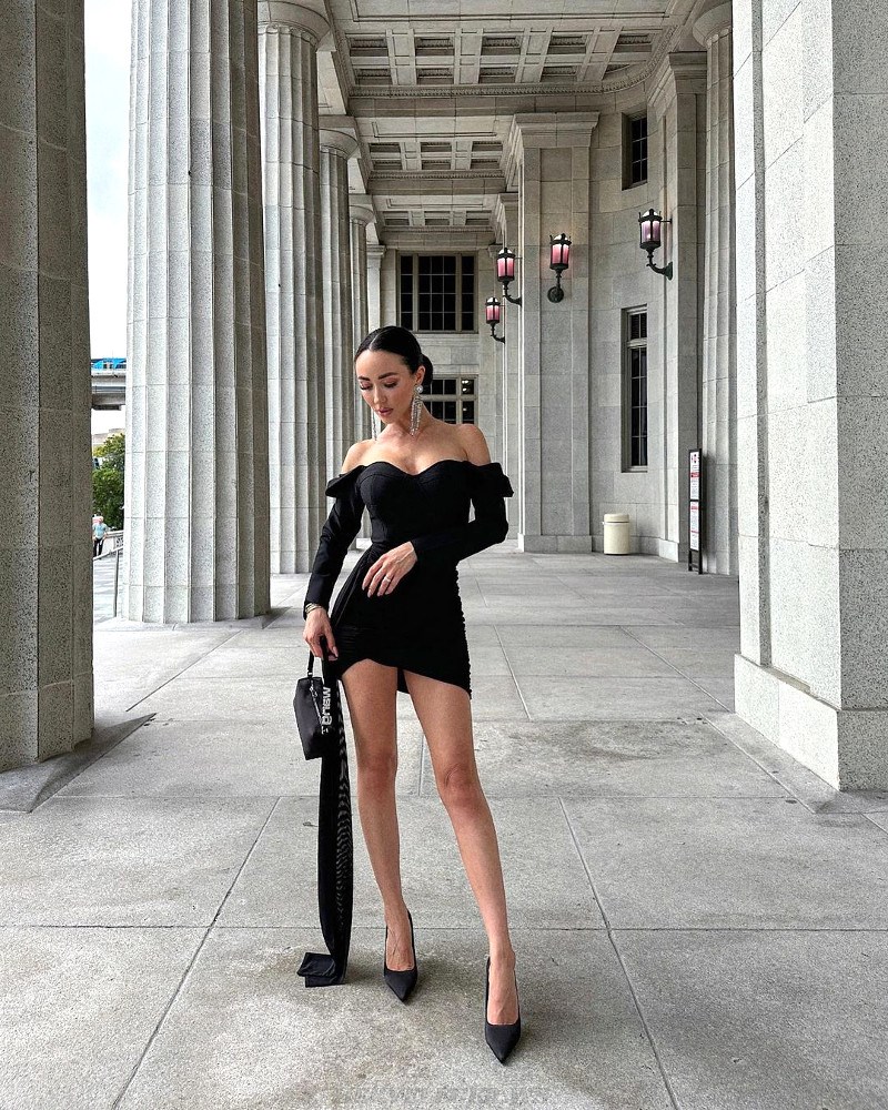 Herve Leger Black Long Sleeve Off Shoulder Bustier Draped Dress