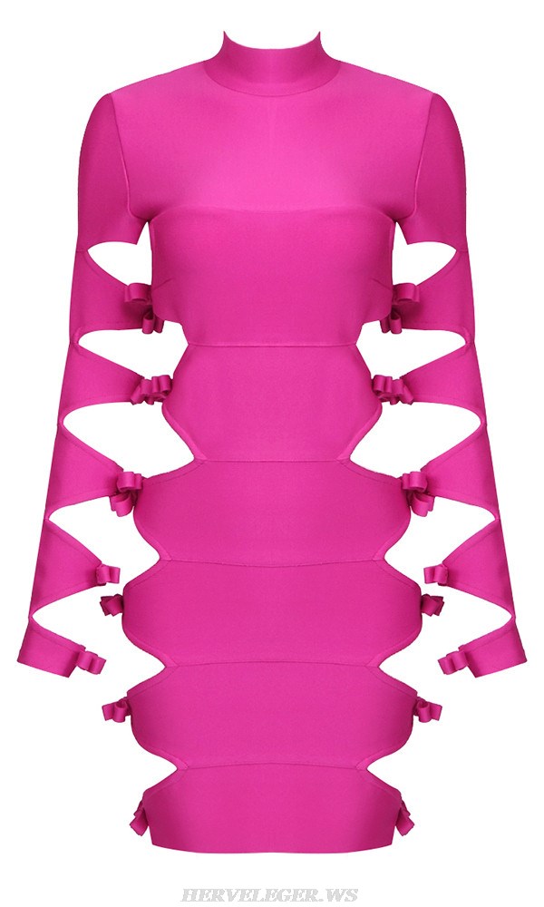 Herve Leger Hot Pink Long Sleeve Side Cut Out Dress