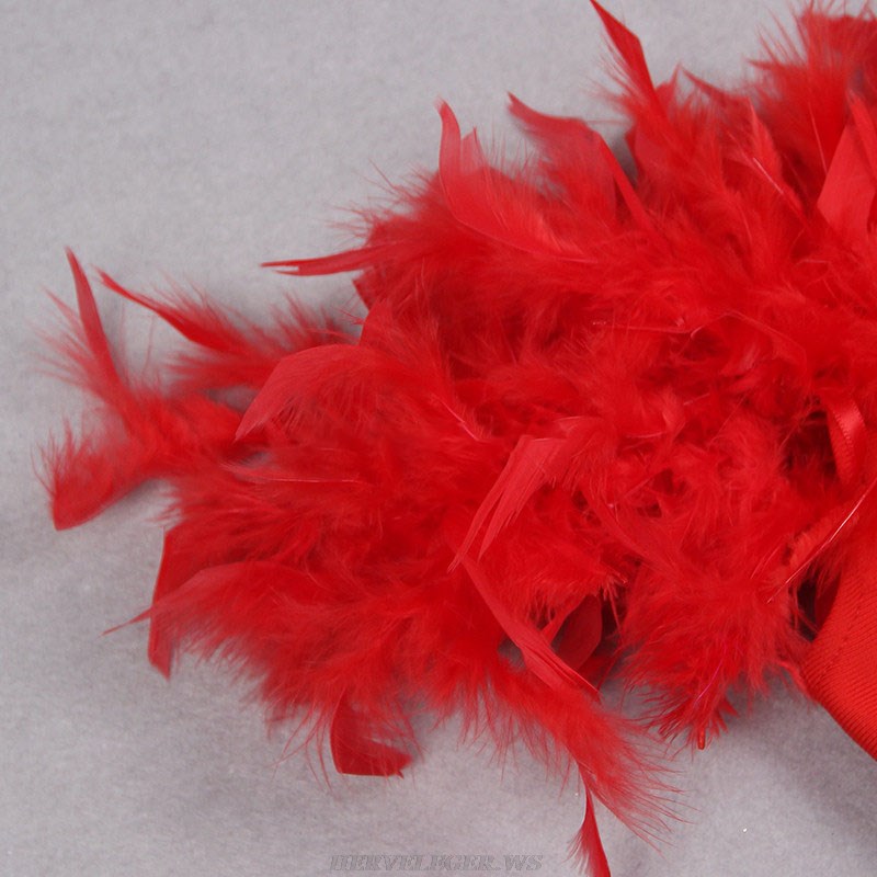 Herve Leger Red Off Shoulder Feather Midi Dress