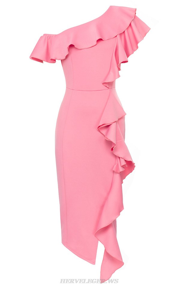 Herve Leger Pink Off Shoulder Ruffle Midi Dress