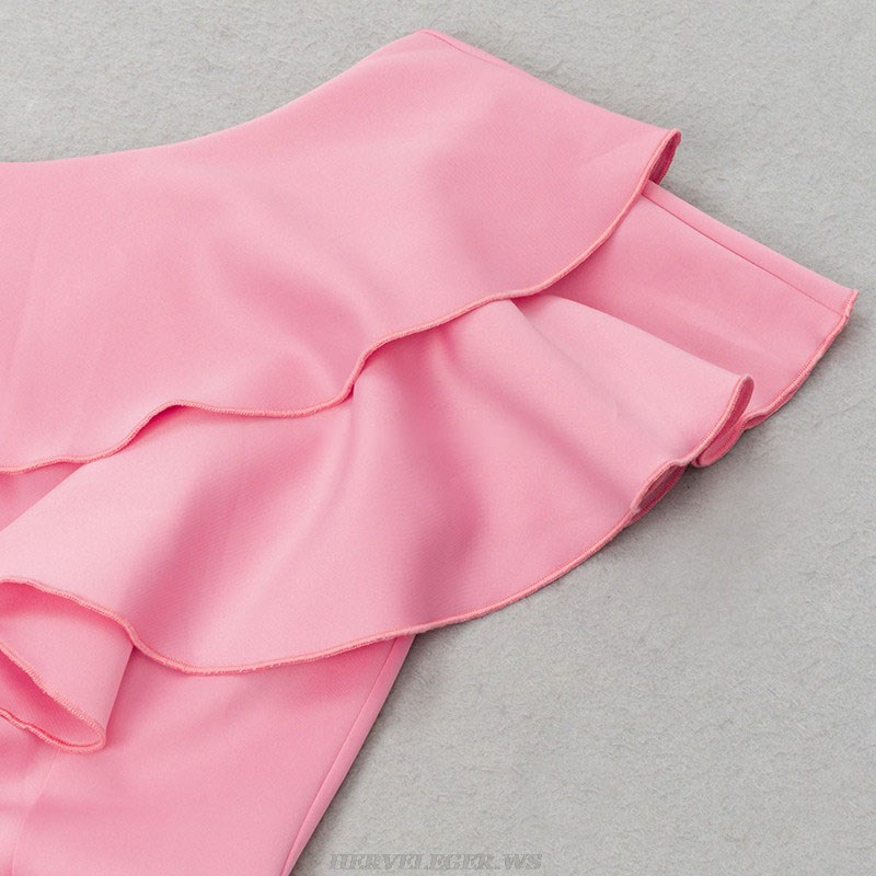 Herve Leger Pink Off Shoulder Ruffle Midi Dress