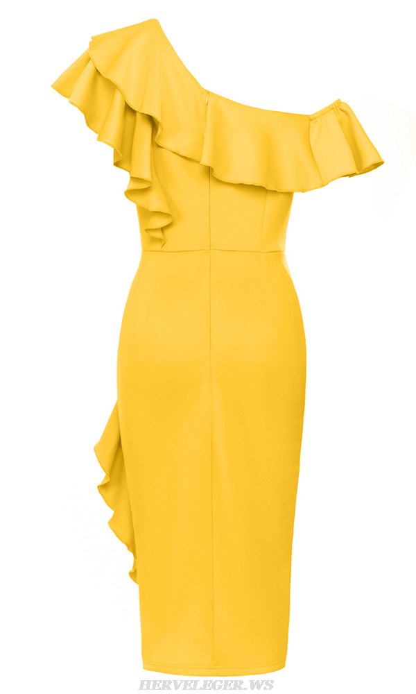 Herve Leger Yellow Off Shoulder Ruffle Midi Dress