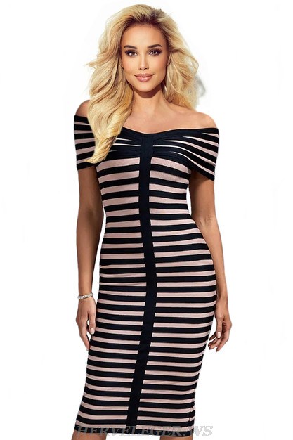 Herve Leger Black Nude Off Shoulder Stripes Midi Dress