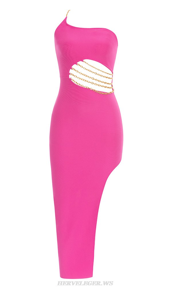 Herve Leger Hot Pink One Shoulder Chain Gown