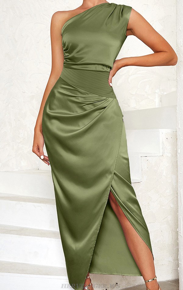 Herve Leger Green One Shoulder Draped Gown