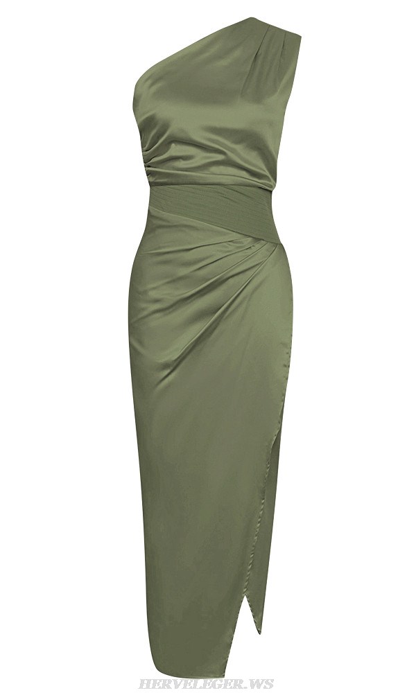 Herve Leger Green One Shoulder Draped Gown