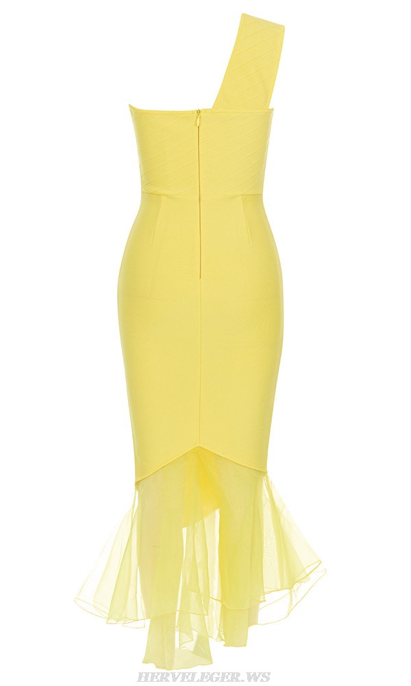 Herve Leger Yellow One Shoulder Mesh Ruffle Gown