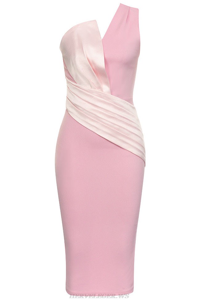 Herve Leger Pink One Shoulder Pleated Midi Dress