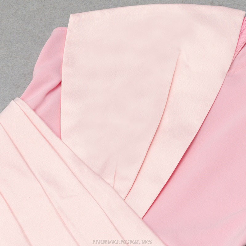 Herve Leger Pink One Shoulder Pleated Midi Dress