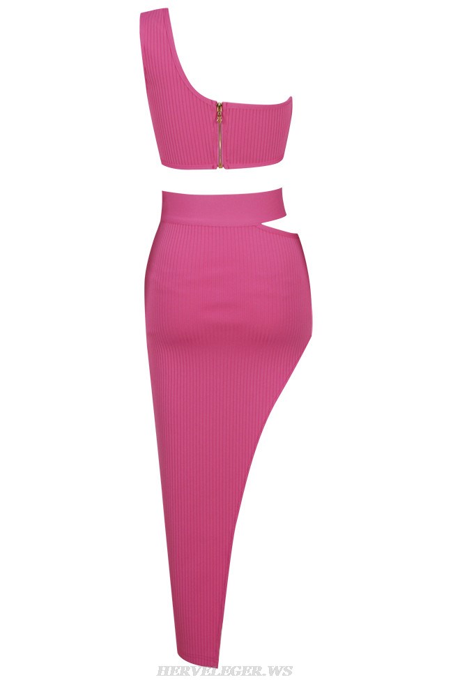 Herve Leger Hot Pink One Shoulder Ribbed Two Piece Gown