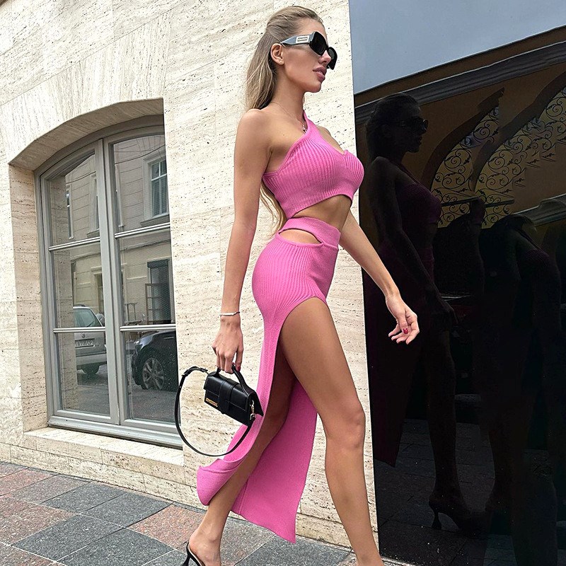 Herve Leger Hot Pink One Shoulder Ribbed Two Piece Gown