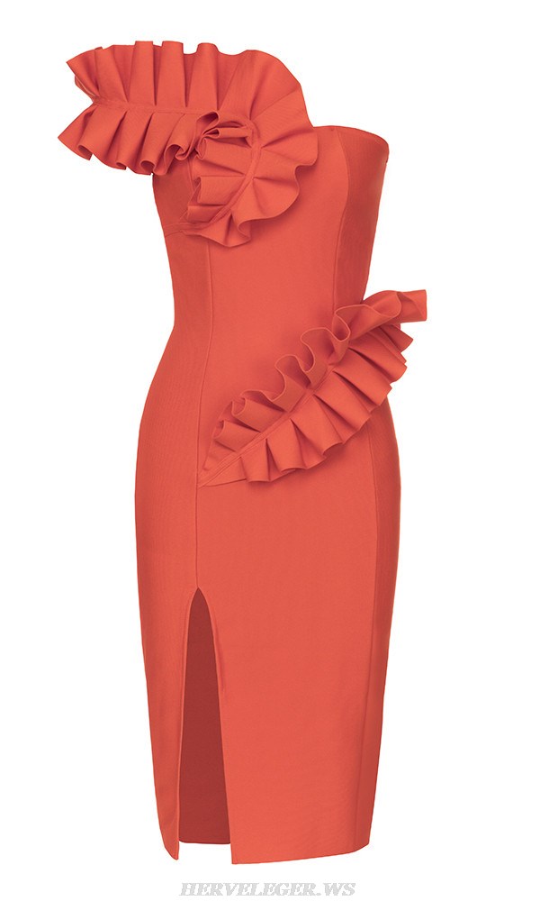 Herve Leger Orange One Shoulder Ruffle Midi Dress