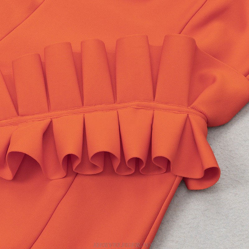 Herve Leger Orange One Shoulder Ruffle Midi Dress