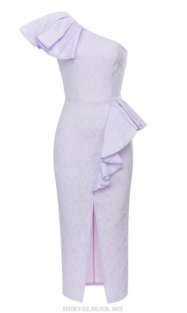 Herve Leger Lavender One Shoulder Ruffle Midi Dress