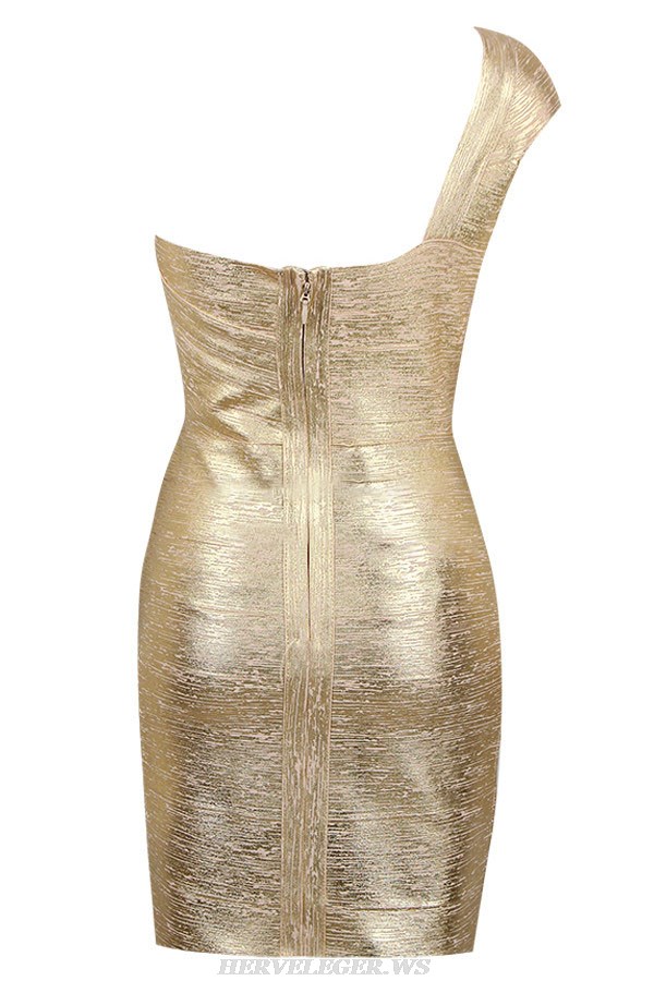 Herve Leger Gold One Shoulder Woodgrain Foil Print Dress