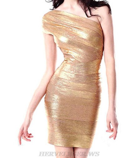 Herve Leger Gold One Shoulder Woodgrain Foil Print Dress