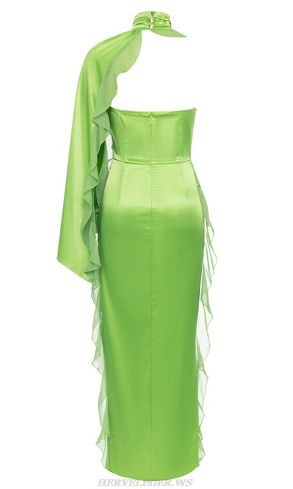 Herve Leger Green One Sleeve Ruffle Gown