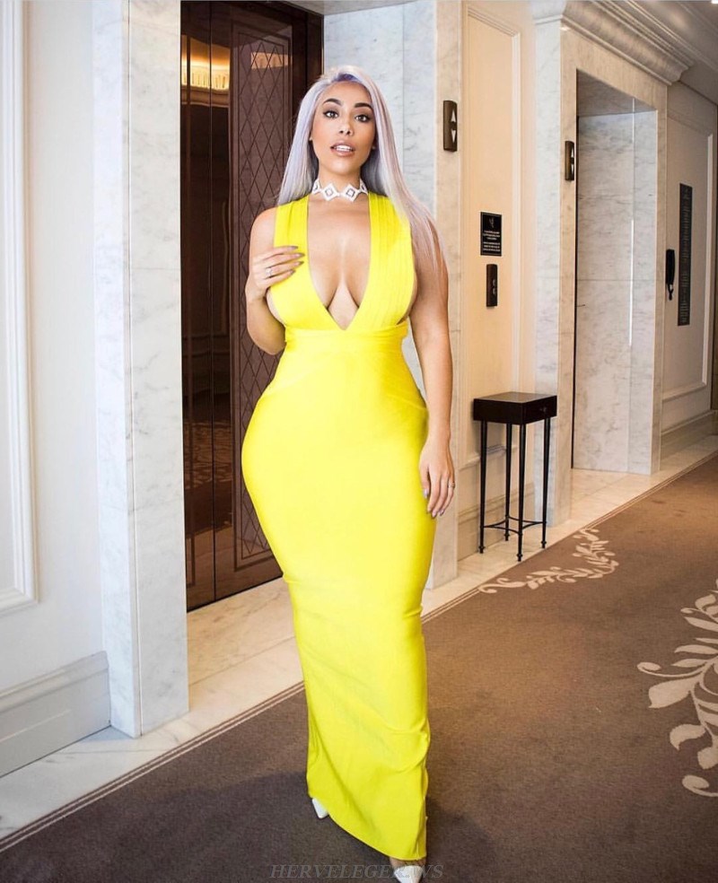 Herve Leger Yellow Plunge V Neck Gown