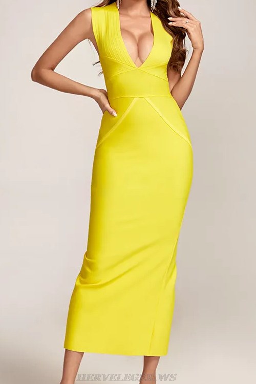 Herve Leger Yellow Plunge V Neck Gown