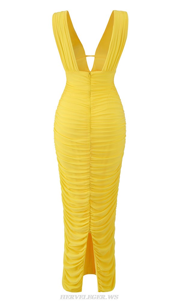 Herve Leger Yellow Plunge V Neck Ruched Gown