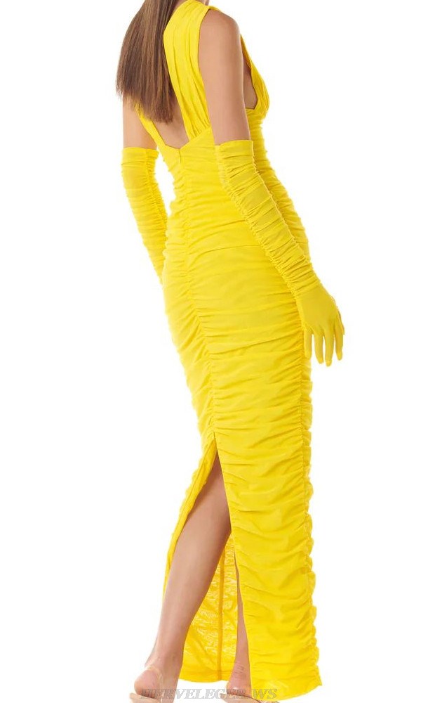 Herve Leger Yellow Plunge V Neck Ruched Gown