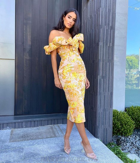 Herve Leger Amber Puff Off Shoulder Midi Dress