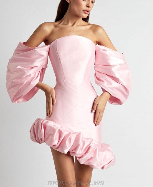 Herve Leger Pink Puff Sleeve Off Shoulder Dress