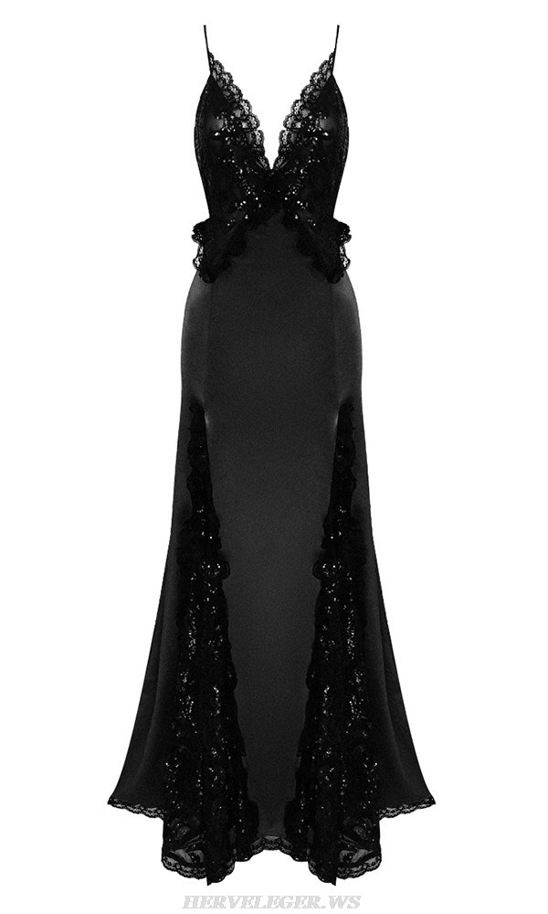 Herve Leger Black Sequin Lace Gown