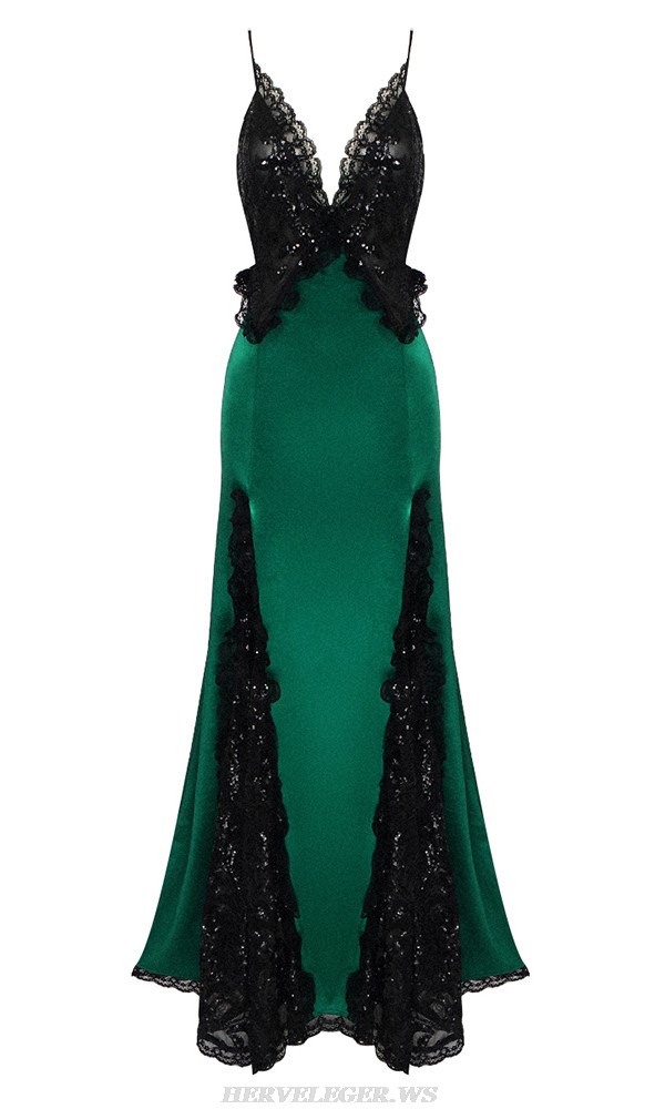 Herve Leger Green Sequin Lace Gown