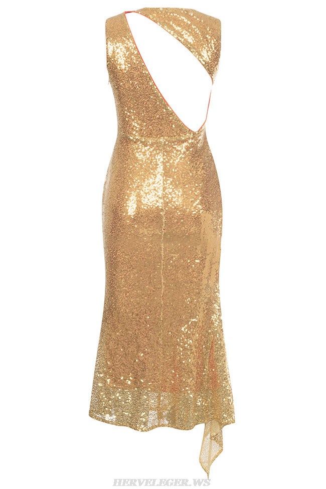 Herve Leger Gold Sequin Mermaid Midi Dress