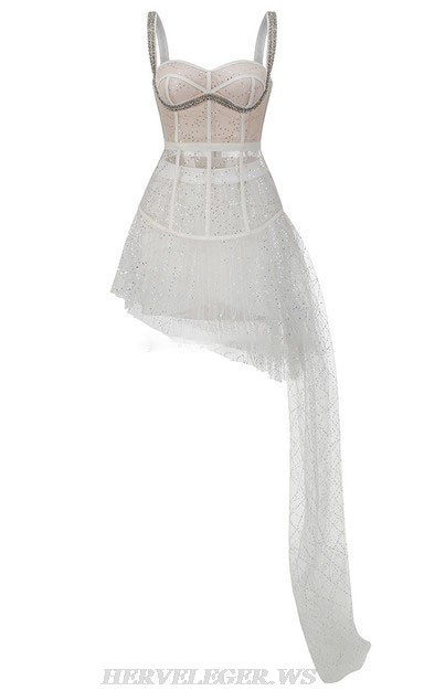 Herve Leger White Sequined Mesh Bustier Two Piece Dress
