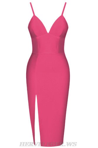 Herve Leger Hot Pink Side Split Midi Dress