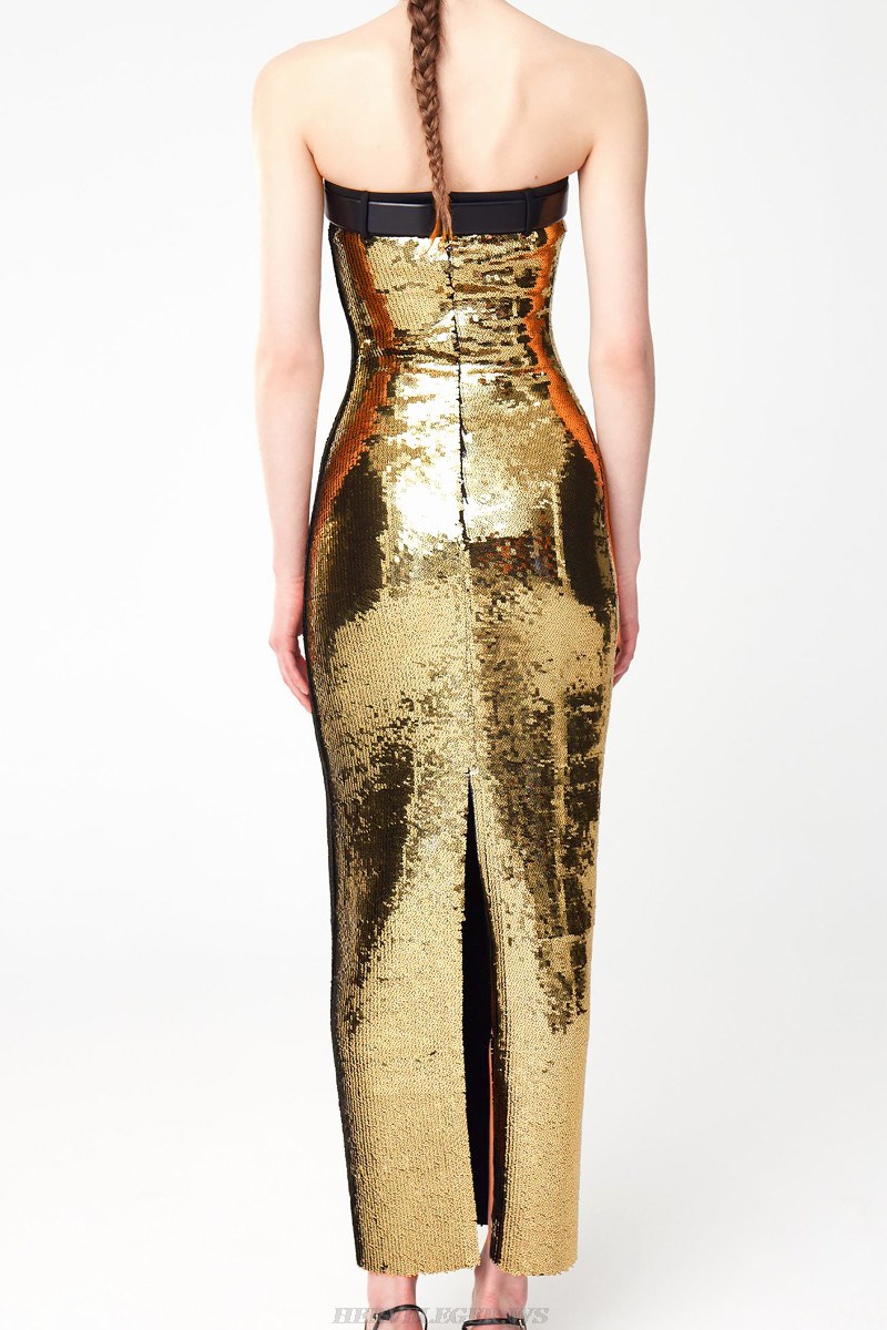 Herve Leger Gold Strapless Belt Sequin Gown