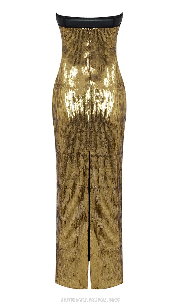 Herve Leger Gold Strapless Belt Sequin Gown