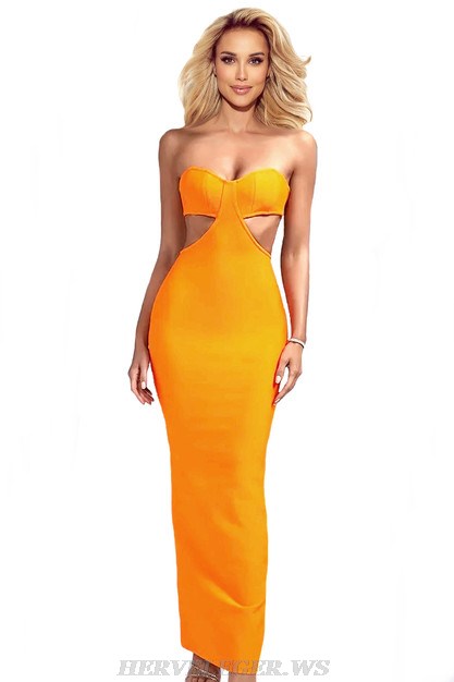 Herve Leger Orange Strapless Bustier Gown