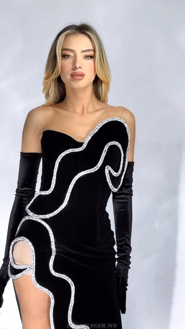 Herve Leger Black Strapless Crystal Trim Gown