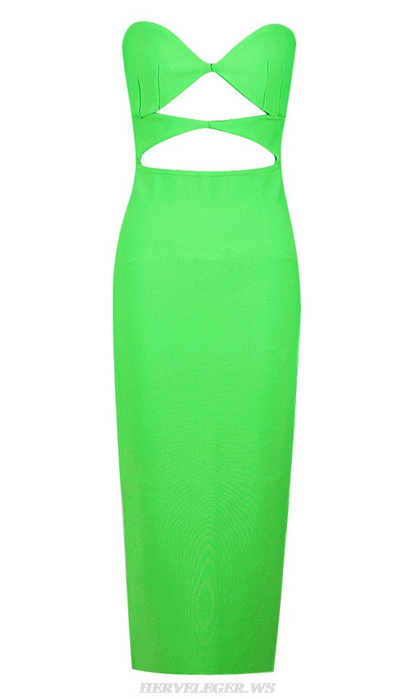 Herve Leger Green Strapless Cut Out Midi Dress