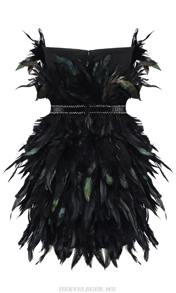 Herve Leger Black Strapless Feather Embellished Dress