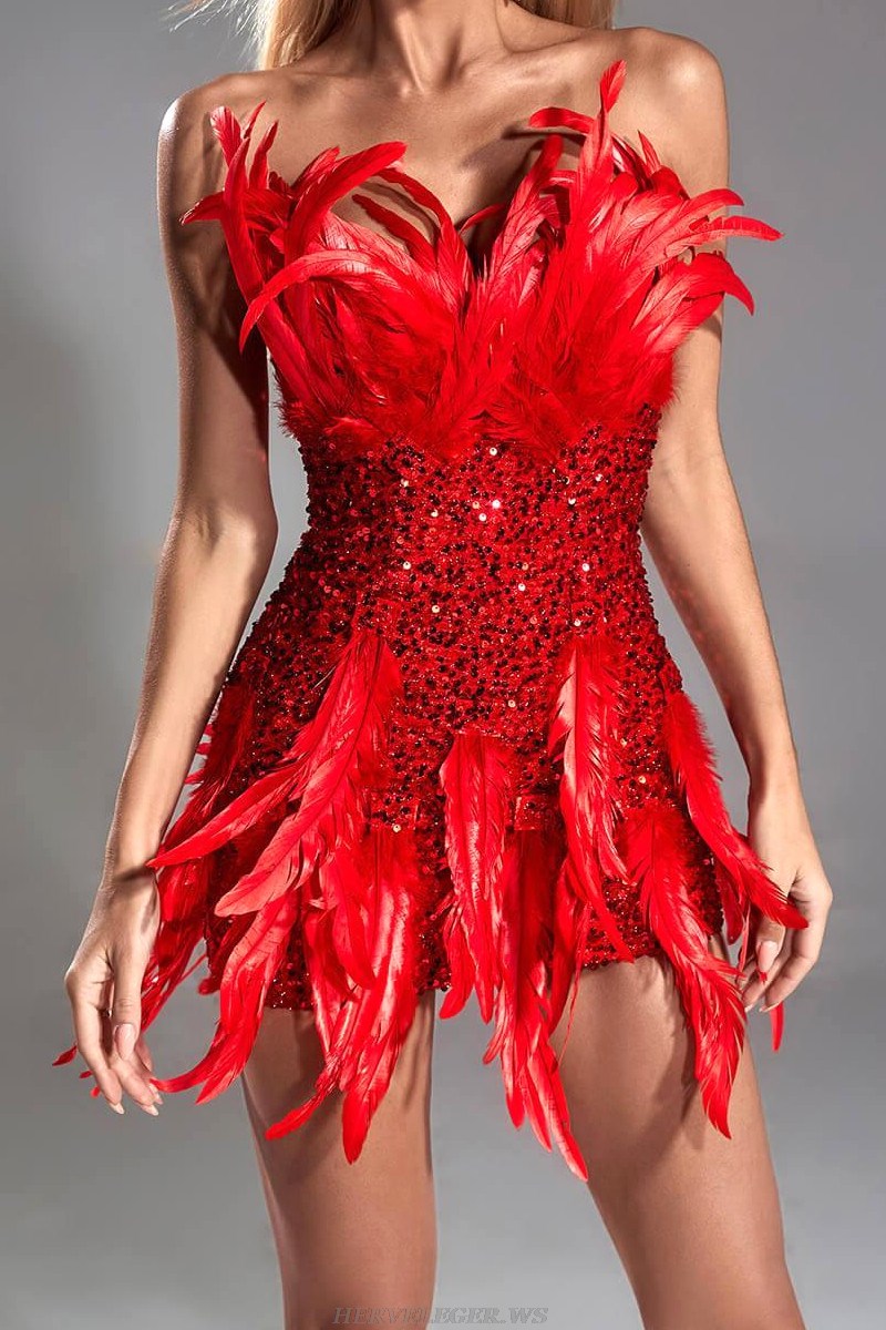 Herve Leger Red Strapless Feather Sequin Dress