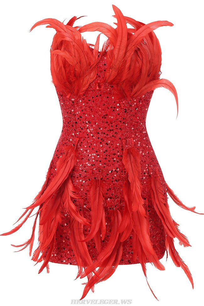 Herve Leger Red Strapless Feather Sequin Dress