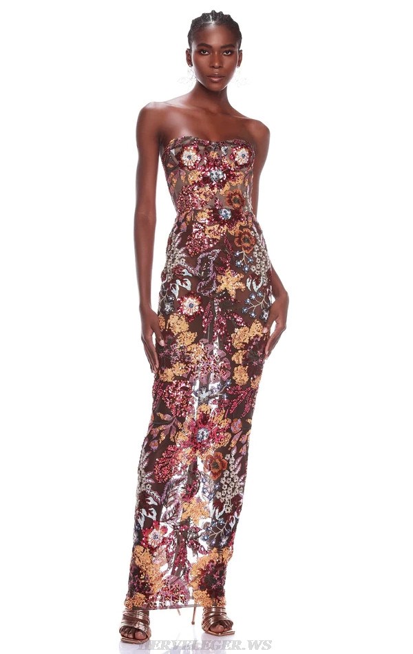 Herve Leger Strapless Floral Sequin Gown