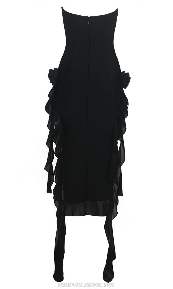 Herve Leger Black Strapless Flower Ruffle Midi Dress
