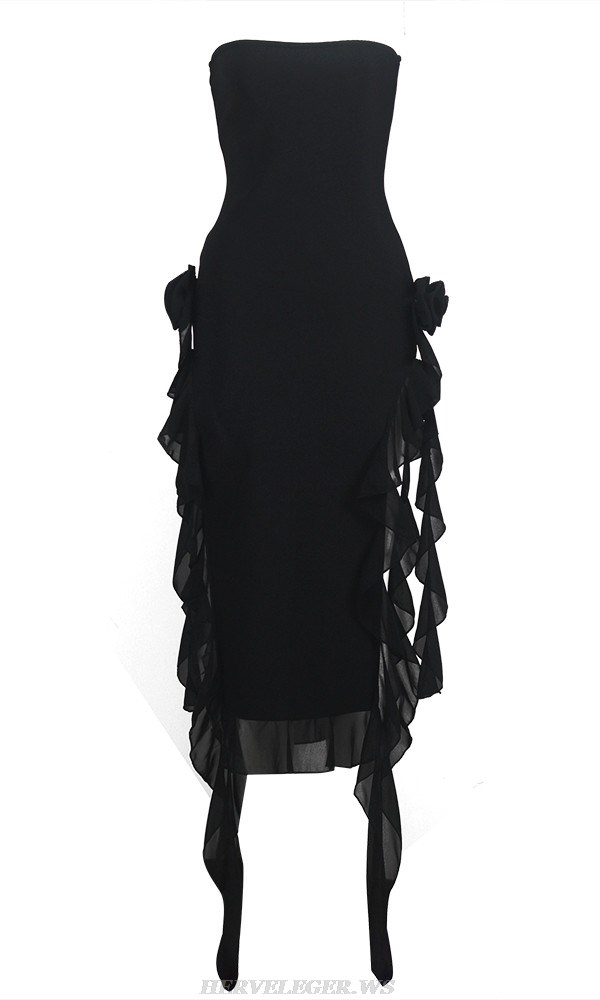 Herve Leger Black Strapless Flower Ruffle Midi Dress