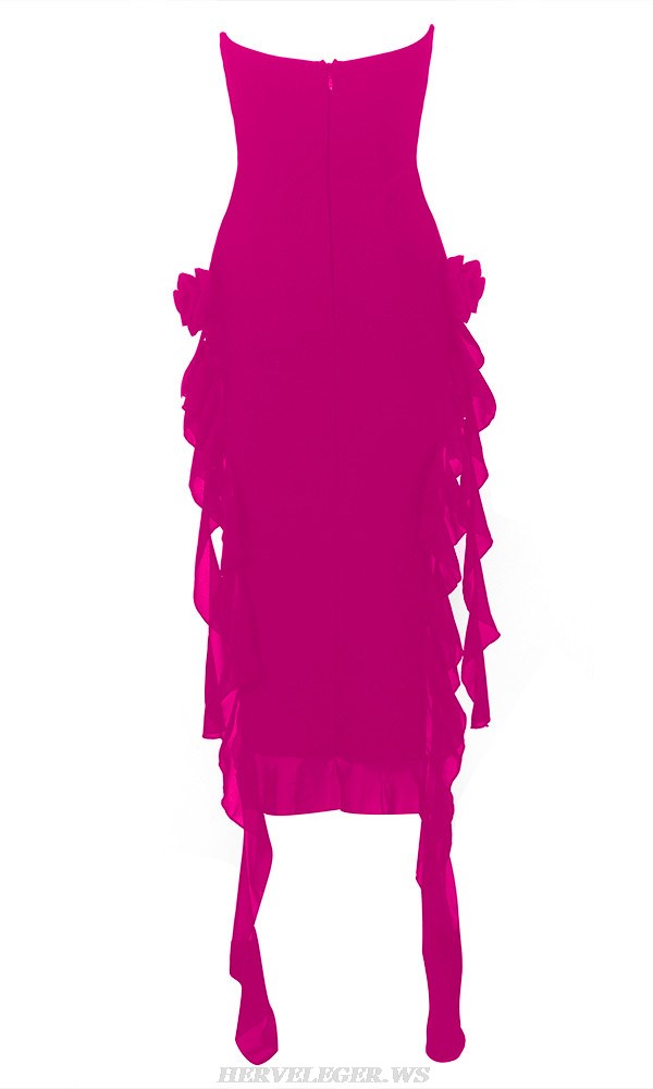 Herve Leger Hot Pink Strapless Flower Ruffle Midi Dress