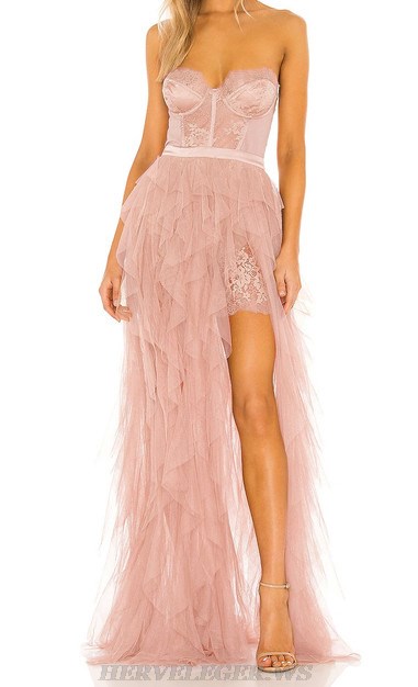 Herve Leger Pink Strapless Lace Bustier Ruffle Gown