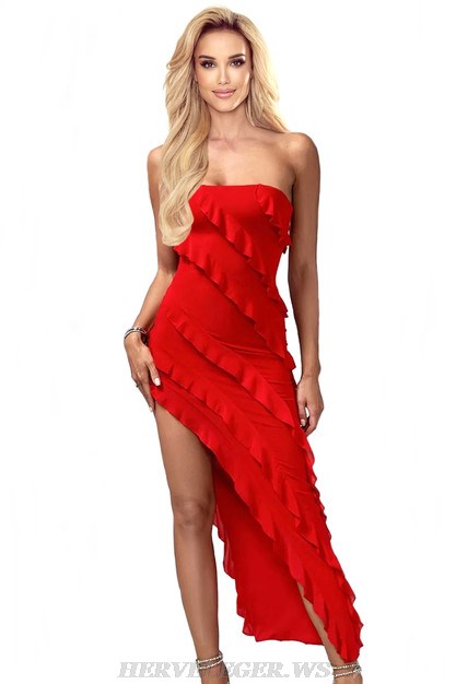 Herve Leger Red Strapless Ruffle Gown
