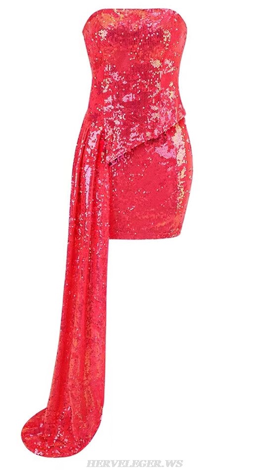 Herve Leger Hot Pink Strapless Sequin Draped Dress